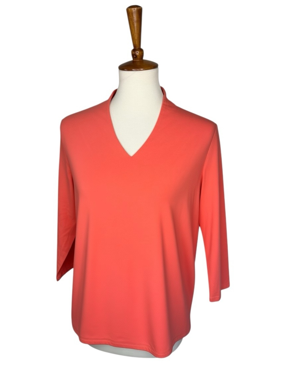 Appleseed’s Petites Stretch Cotton Blend Knit V Neck Blouse Coral Pink